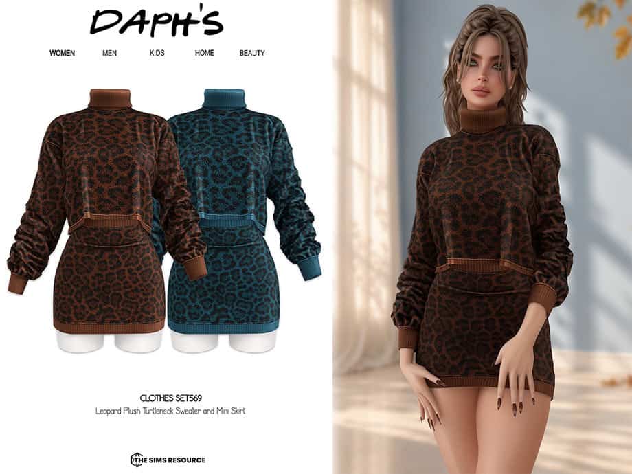 Leopard Plush Turtleneck Sweater and Mini Skirt