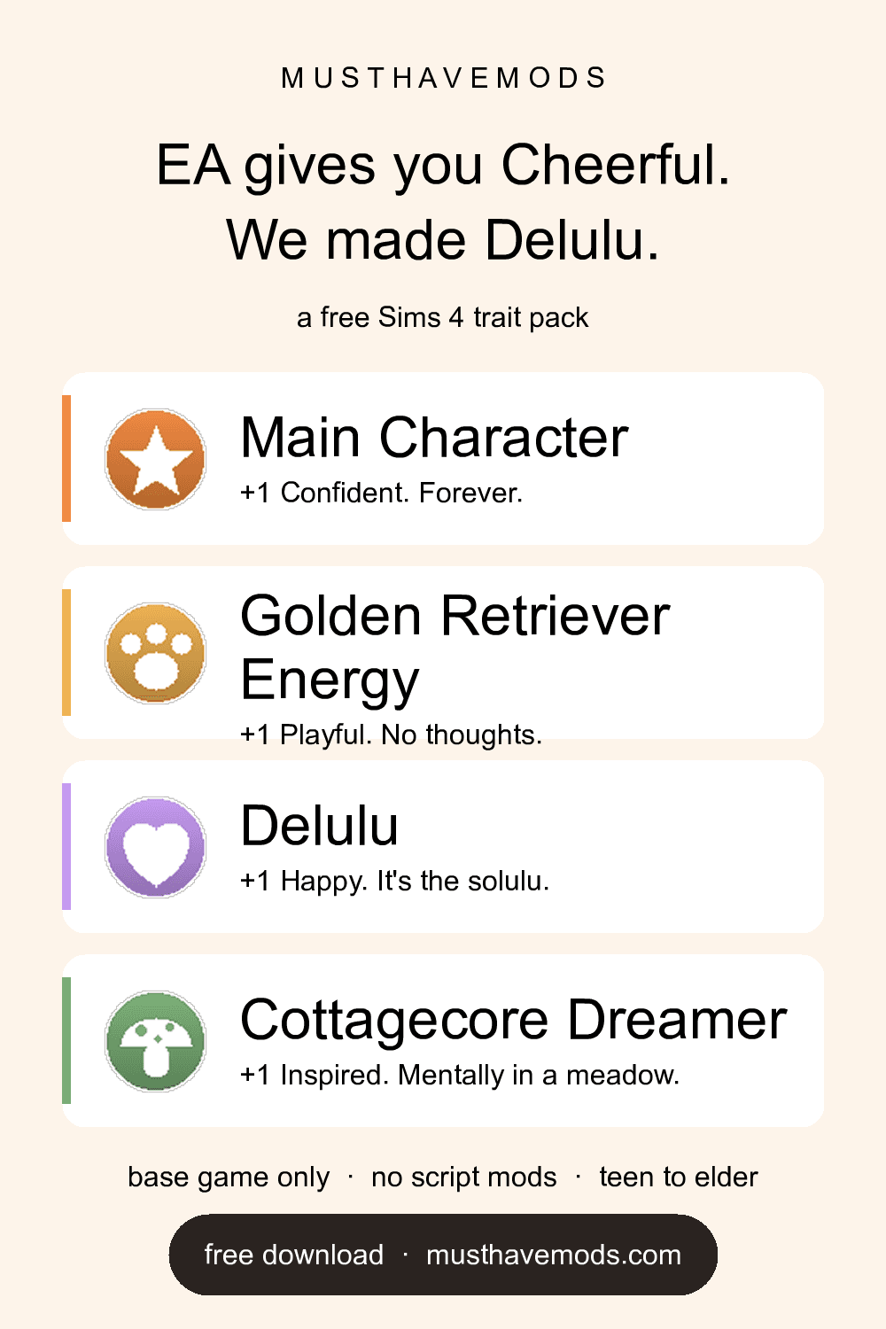 Main Character Energy — Sims 4 Trait Pack (4 Custom CAS Traits)
