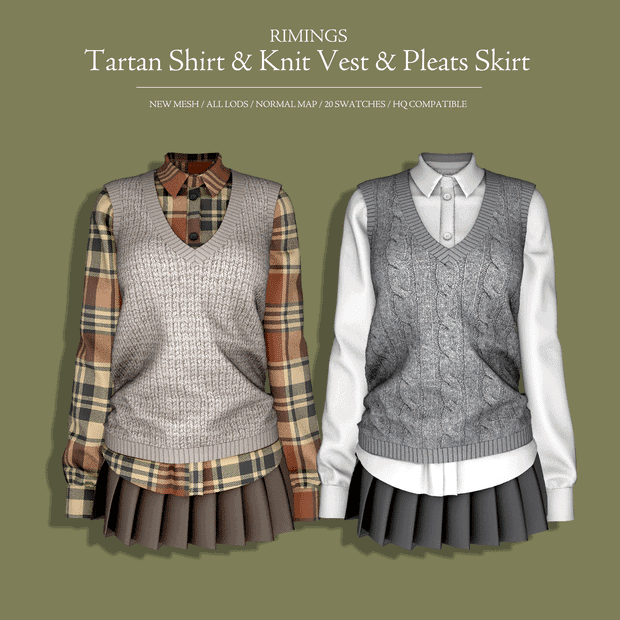 Tartan Shirt & Knit Vest & Pleats Skirt