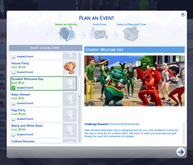 Sims 4 Student Welcome Day Event for University