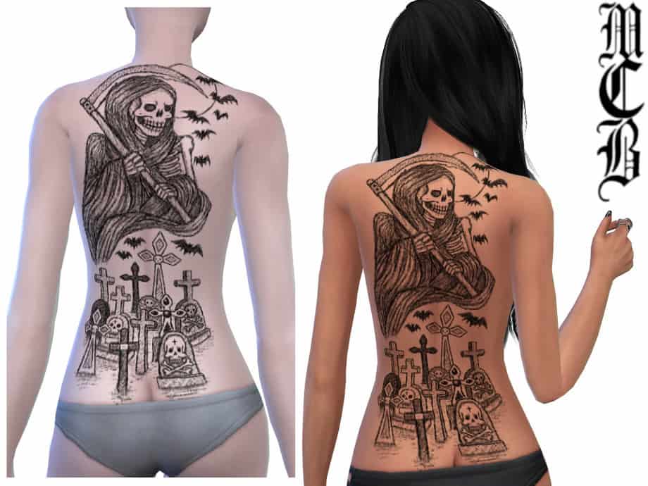Cemetery And Grim Reaper Back Tattoo