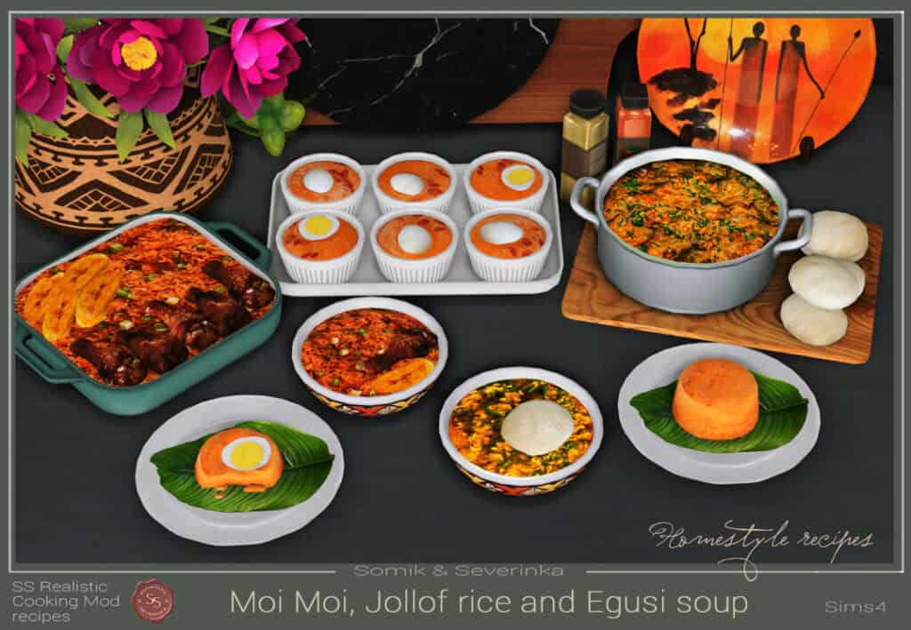 Jollof Rice, Egusi soup with fufu and Moi Moi