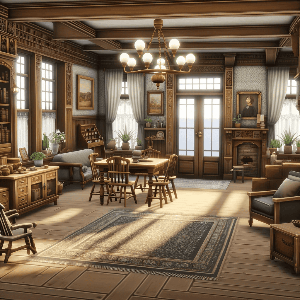 A cozy vintage living room with wooden furniture, fireplace, large windows, and classic decor, perfect for home modifications and interior design ideas.