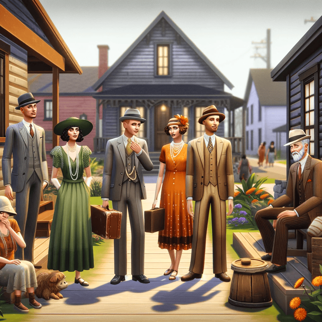 1970s vintage fashion and retro neighborhood scene from The Sims with mod style clothing and architecture, perfect for Must Have Mods.