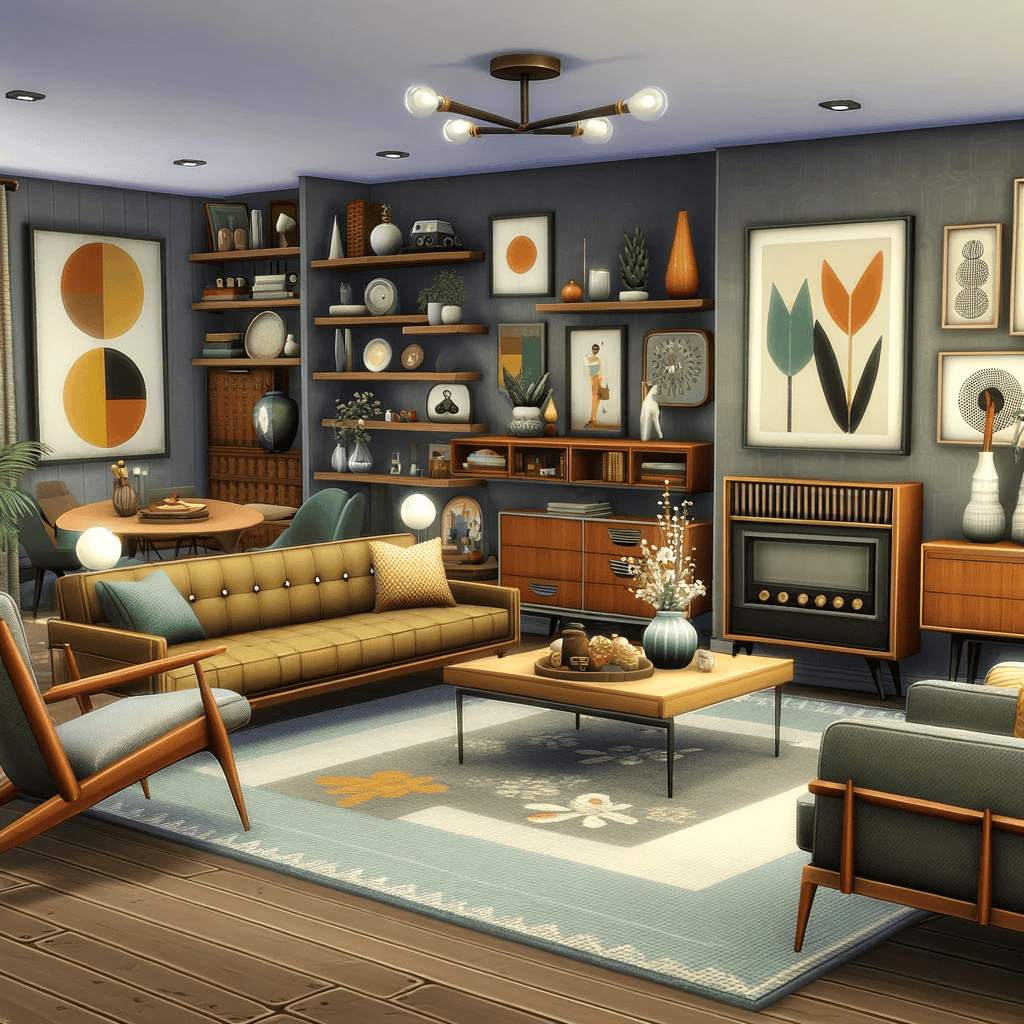 Modern living room interior with mid-century furniture, decorative wall art, and cozy accents, perfect for showcasing home decor upgrades and stylish interior design ideas.