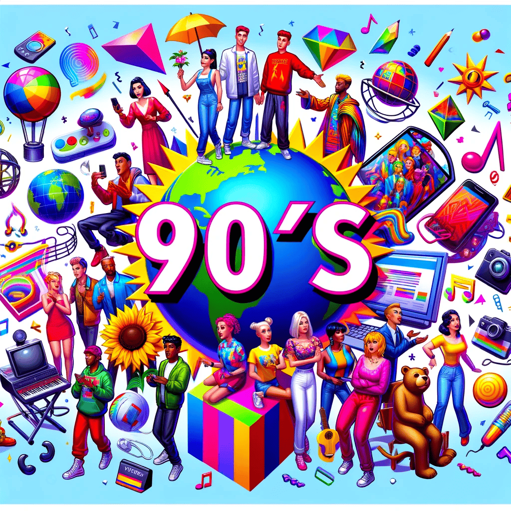 80s vintage music and pop culture iconography with diverse characters, digital gadgets, and vibrant colors, celebrating the retro decade and its influence on modern entertainment and technology.