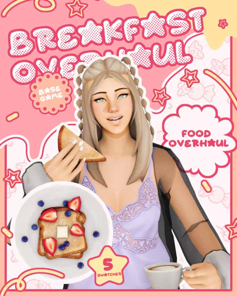 Delicious breakfast mod for Sims with toast, strawberries, blueberries, and coffee in a pink cartoon style, perfect for food-themed gameplay enhancements.