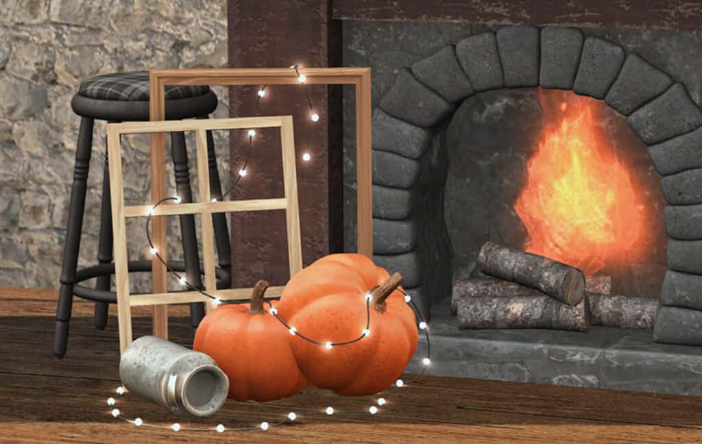 Festive Halloween decor with pumpkins and string lights near a lit fireplace, cozy autumn home ambiance, must-have mods for fall decor and holiday gatherings.