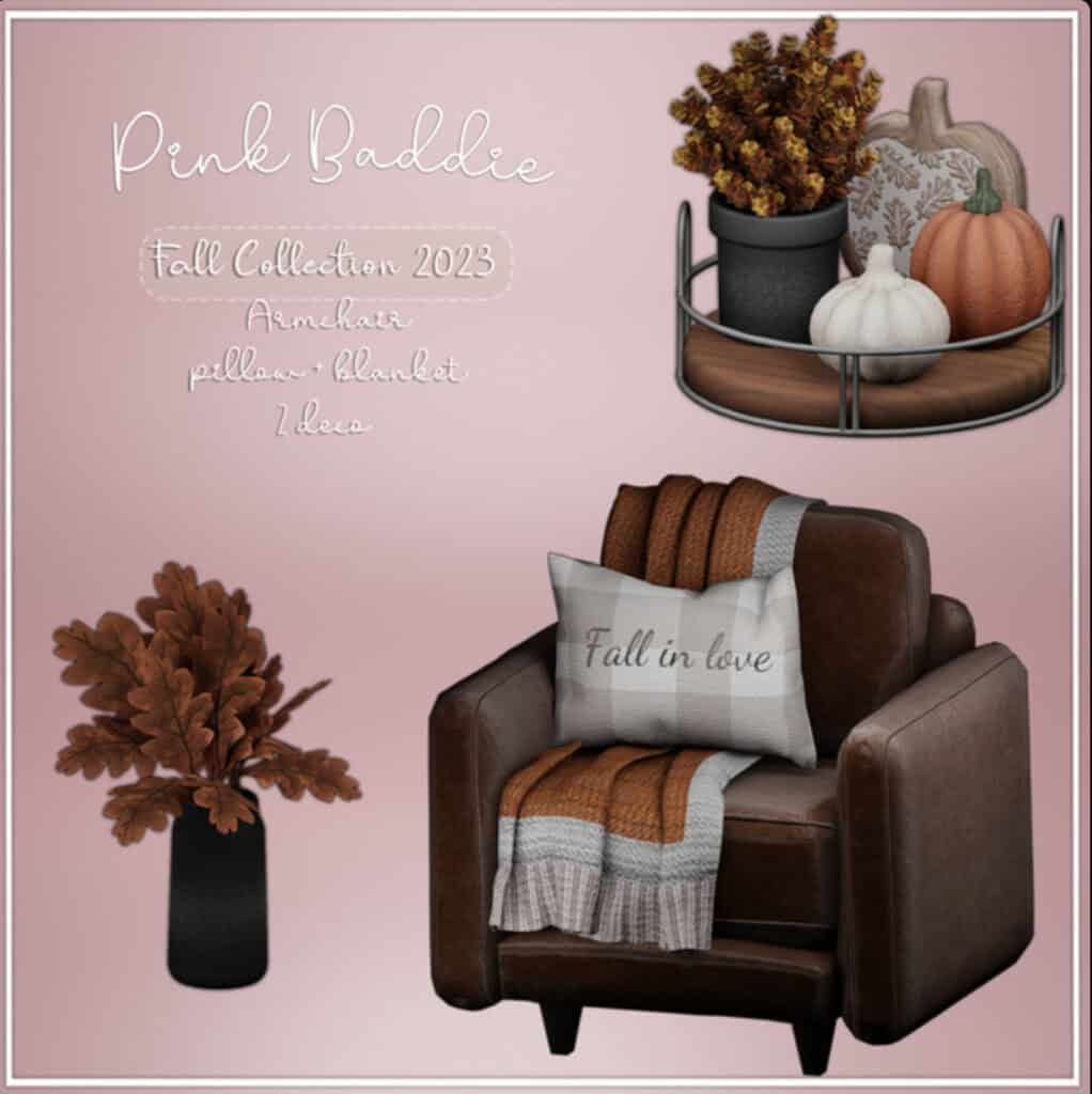 Brown leather armchair with fall-themed pillows and throws, decorated with autumnal pumpkins and a cozy blanket, perfect for seasonal home decor.