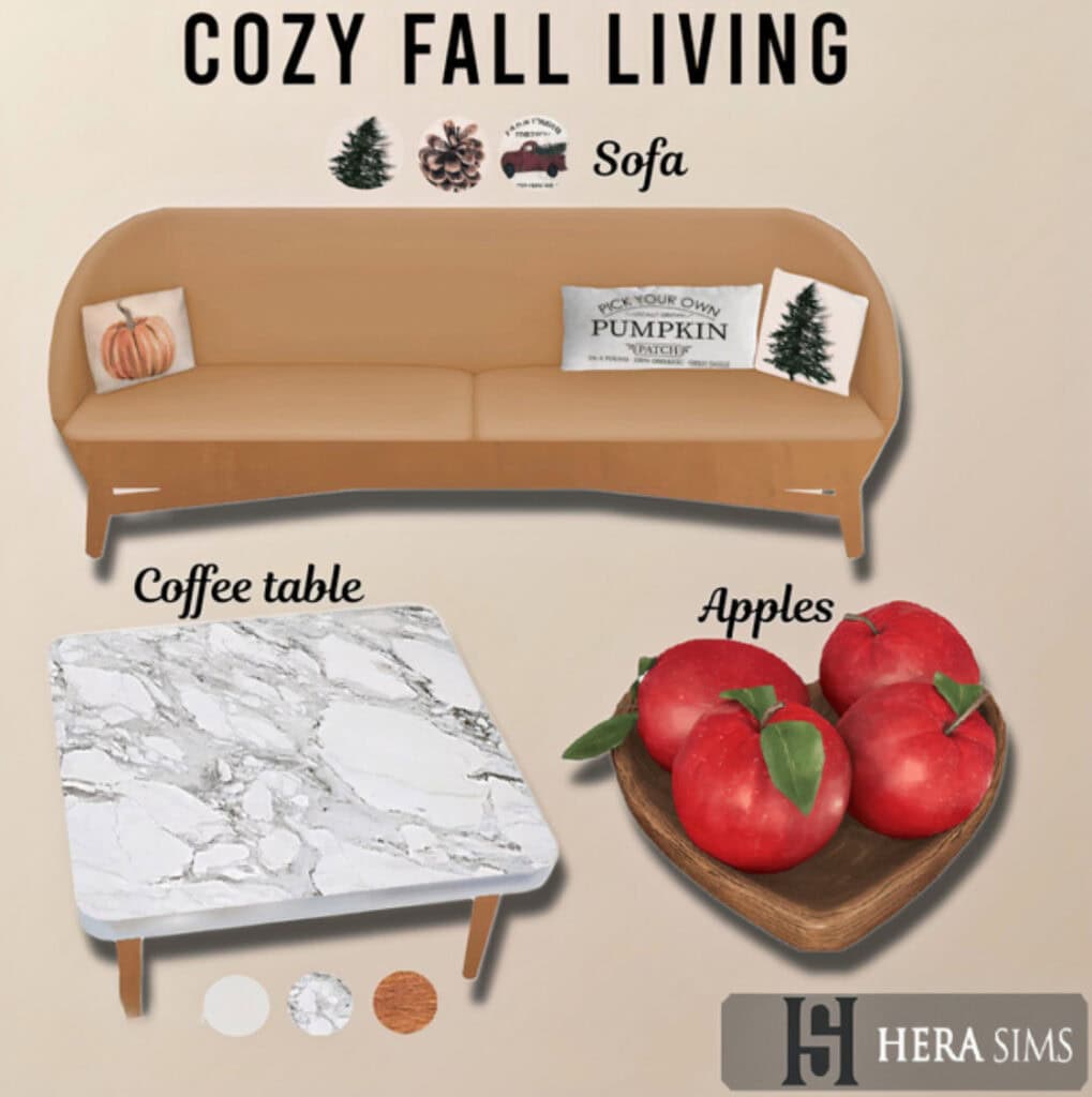 Cozy fall living room decor with a modern tan sofa, autumn-themed pillows, a white marble coffee table, and a bowl of fresh red apples for seasonal warmth and comfort.