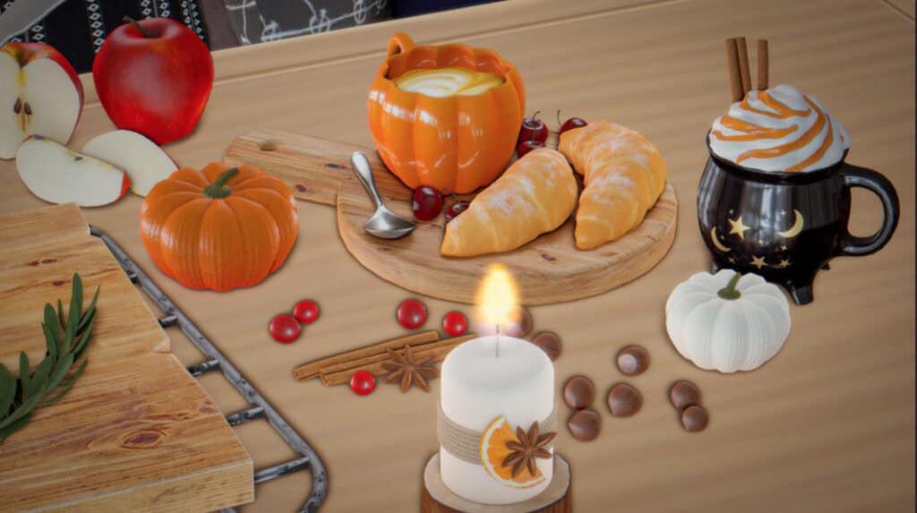Pumpkin-themed decor with candles, autumn leaves, and cozy beverages for fall-inspired home ambiance and seasonal festivities.