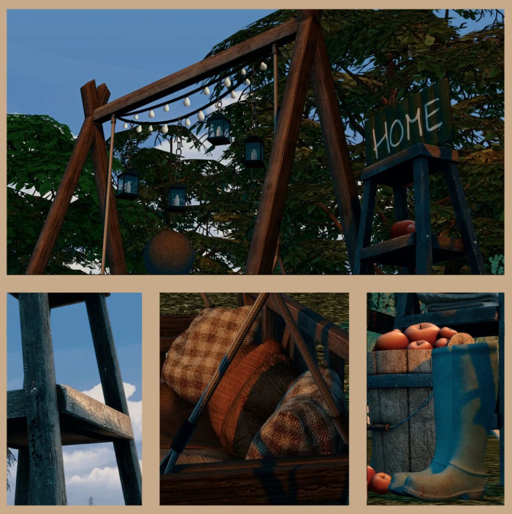 Rustic outdoor swing with string lights and lanterns, cozy pillows, and a vintage ladder with a "HOME" sign, surrounded by lush trees and sky, perfect for charming outdoor decor and relaxation.