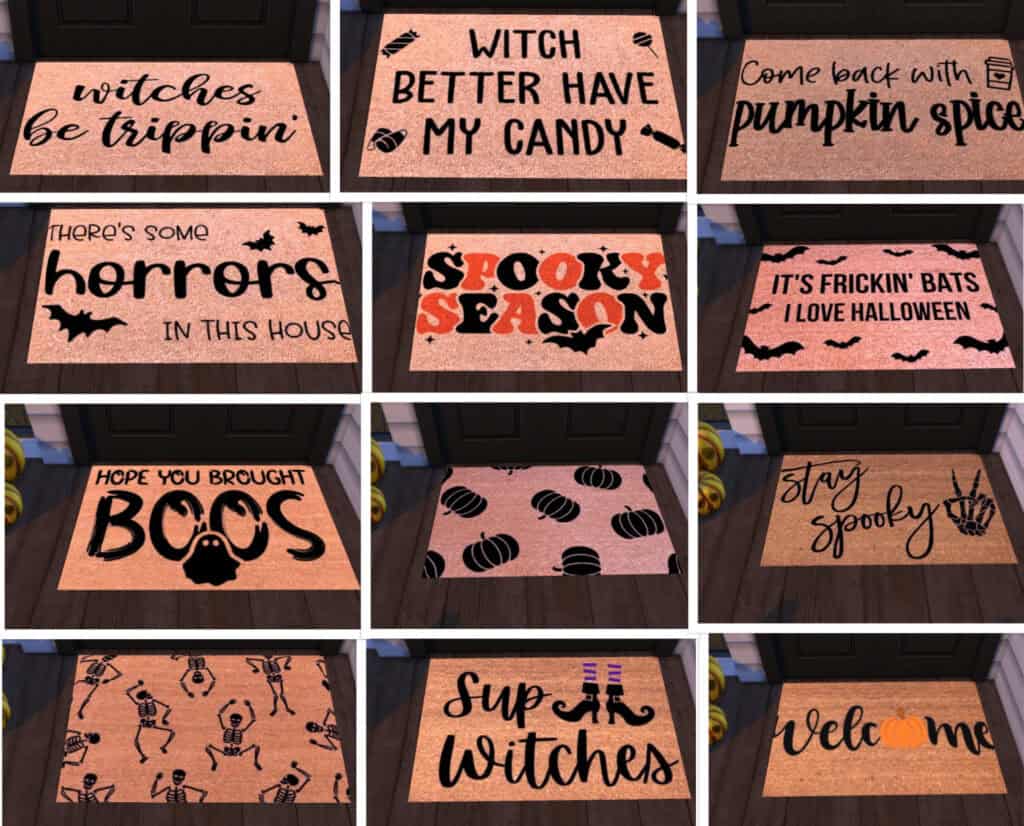 Witches be trippin halloween doormat with spooky decoration and fall pumpkin theme.