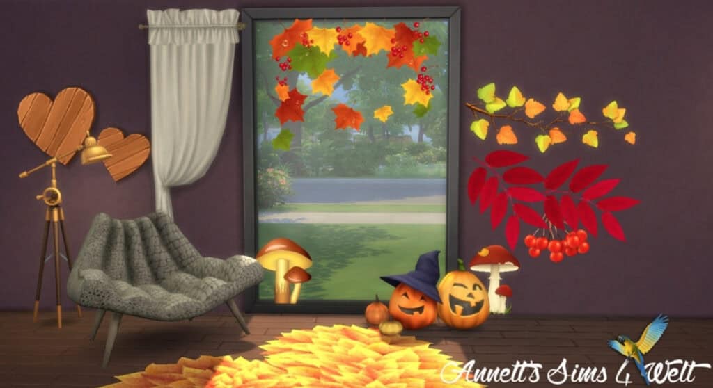 Fall-themed decor for Sims 4, autumn leaves, pumpkins, mushrooms, witch hat, cozy interior, Halloween decor, virtual home decoration, seasonal Sims 4 mods.