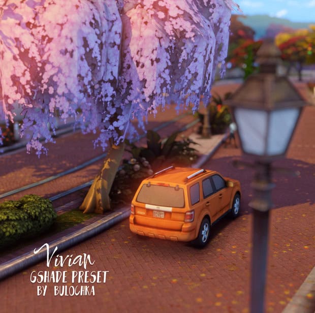 Vivid driveway scene with a miniature orange SUV under a stunning pink cherry blossom tree, enhanced with GShade preset for vibrant, colorful effects, perfect for modded game landscapes.