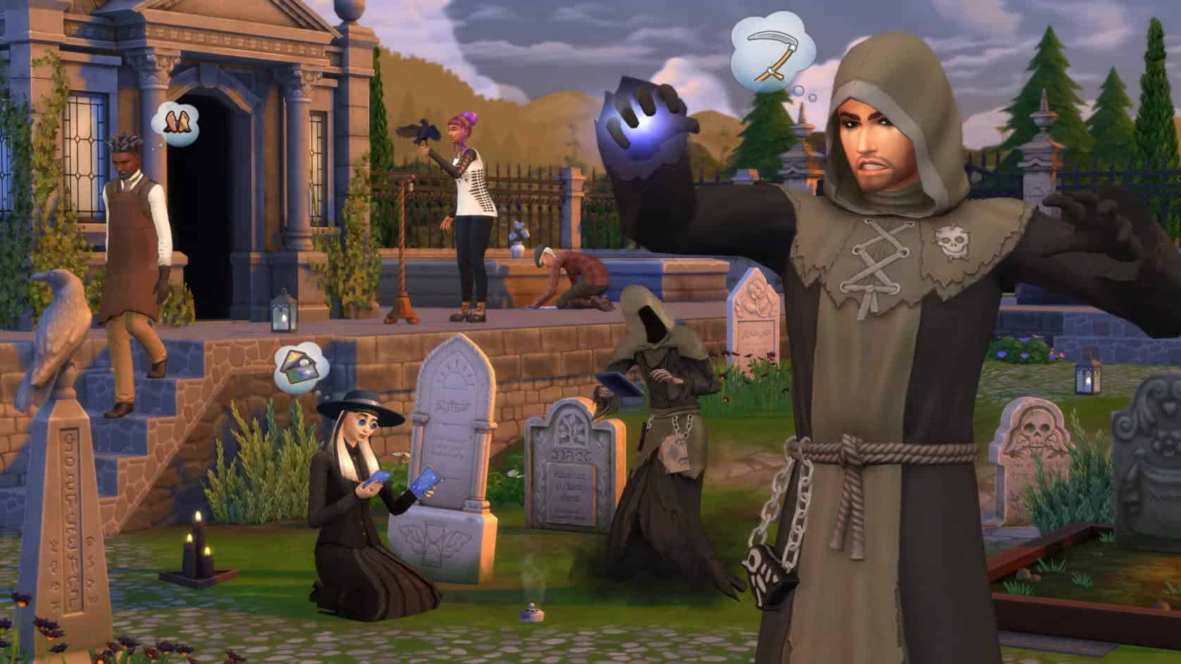 Gothic-themed cemetery scene in The Sims with characters in costumes, tombstones, and spooky atmosphere perfect for Halloween or horror mods.