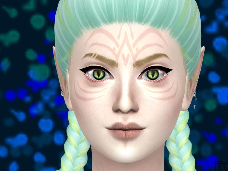 Fantasy character with striking green eyes, elaborate facial tattoos, pale skin, and long braided pastel green hair, showcasing custom mods for enhanced gaming avatars.