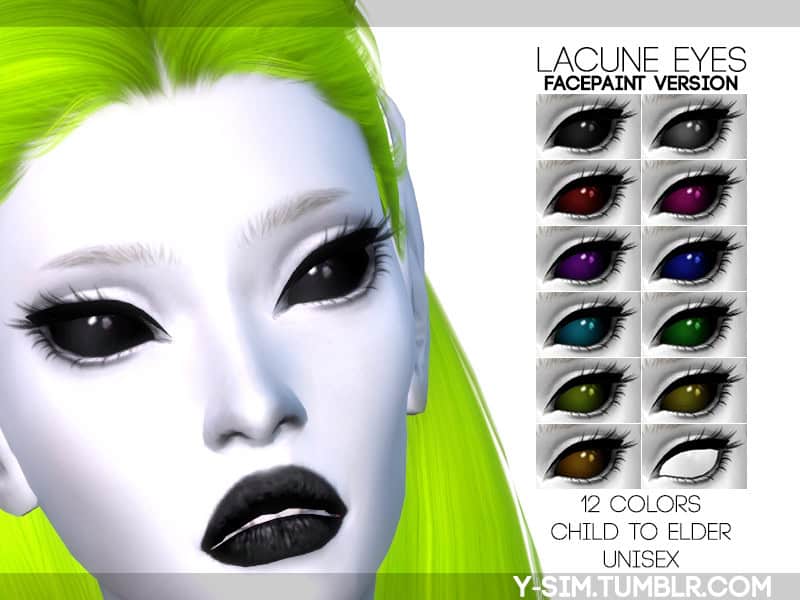 Vampire character with green hair and Lacune Eyes face paint, showcasing colorful eye contact lenses from Must Have Mods.