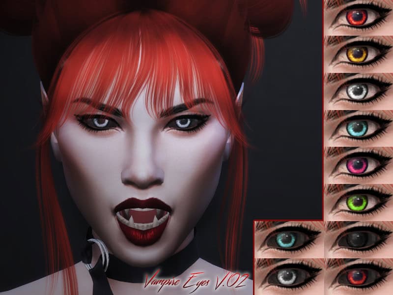 Red and black vampire girl with fanged vampire eyes cosplay, high detail, fantasy makeup and vibrant eye color options for gaming and cosplay enhancements, must-have mods for creative character design.