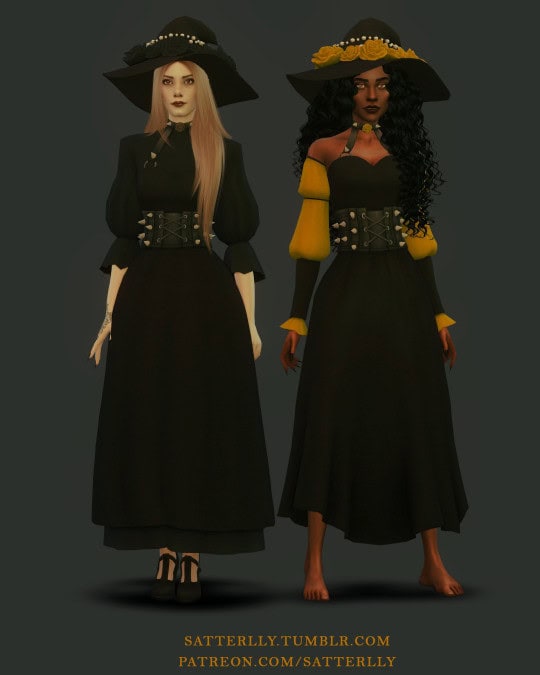 Elegant female characters wearing black witch costumes with wide-brimmed hats, yellow accents, and corset belts, showcasing fantasy cosplay accessories from Must Have Mods.