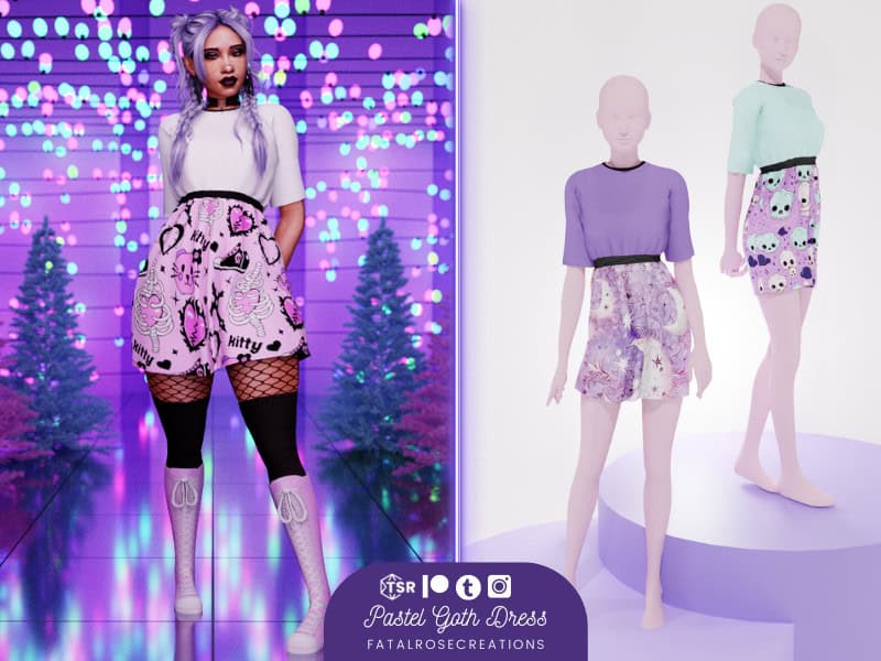 - Bright pastel goth dress with playful cat and heart patterns, perfect for stylish, alternative fashion and modern gaming-inspired outfits.