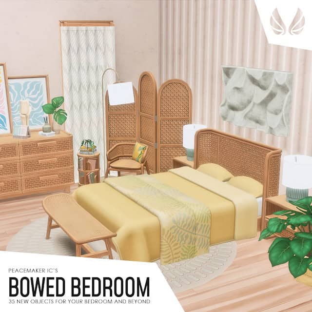 Woven rattan bedroom furniture including headboard, dresser, and room divider with green accents for a calming, natural aesthetic.