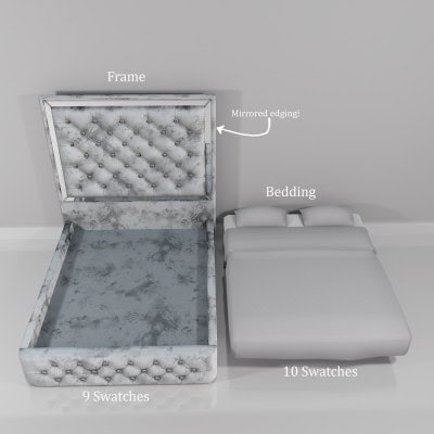 Luxurious storage bed with mirrored edging, plush bedding, and multiple swatches for customization, perfect for upgrading bedroom decor and maximizing space.