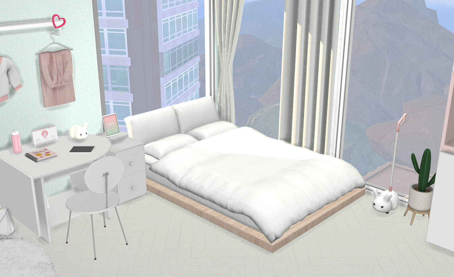 Soft white bed with plush bedding in a modern bedroom featuring large windows, minimalist decor, and cute pastel accessories, perfect for cozy, stylish room decor inspiration.