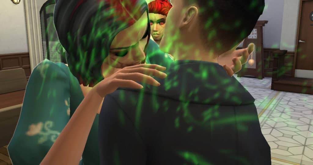 Girl using magic on a man in The Sims 4 game, supernatural mods, fantasy spell casting, green mystical aura, virtual role-playing entertainment.