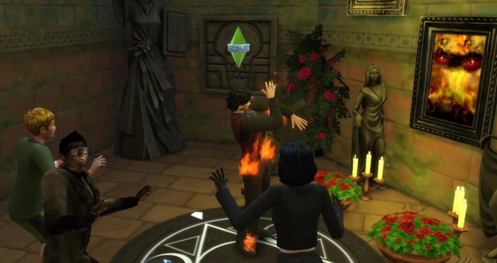 A witch casting a spell in a dark, mystical room decorated with candles, statues, and occult symbols, creating a magical atmosphere perfect for a fantasy-themed game or mod showcase.