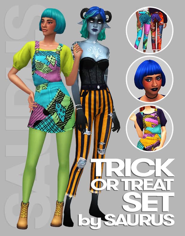 Colorful Halloween costume outfits for Sims, featuring punk, goth, and vibrant trick-or-treat styles, perfect for spooky seasonal gameplay and themed fashion customization.