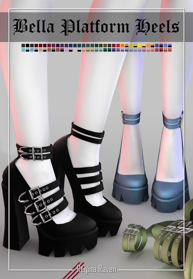 Vella Platform Heels with multiple buckle straps in black, blue, and green for a bold fashion statement. Perfect for cosplay, alternative style, or punk-inspired outfits. Durable and comfortable for stylish wear.