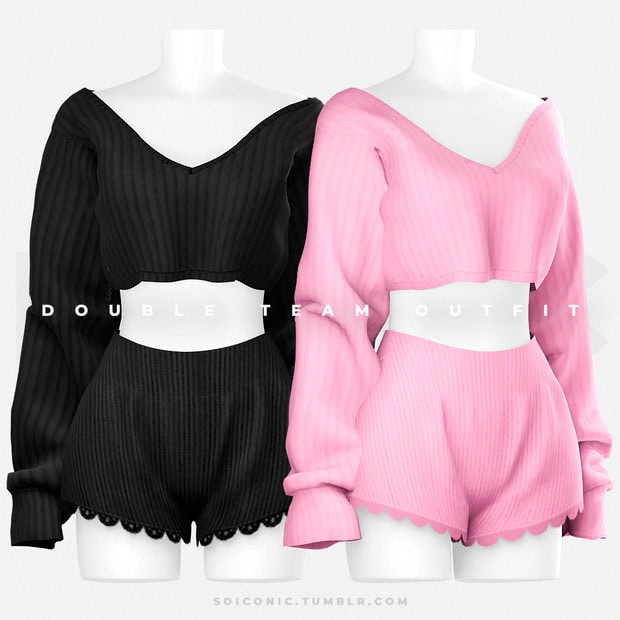 Black and pink two-piece coordinated loungewear sets featuring ribbed fabric and scalloped edges, perfect for cute casual outfits and stylish comfort.
