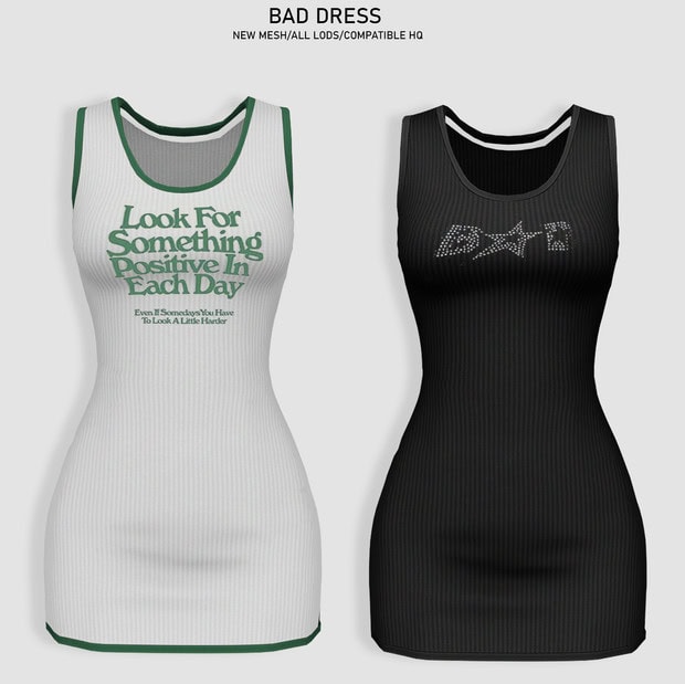 White and black ribbed athletic tank dresses with positive quote and star logo, perfect for casual wear or workout, trending fashion modifications, Must Have Mods.