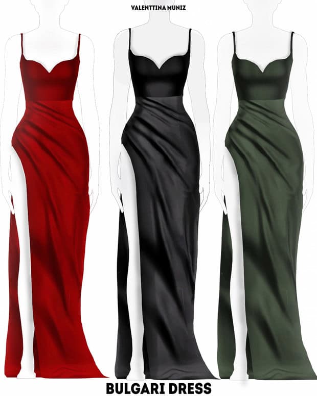 Floor-length Bulgari dress in red, black, and green with elegant spaghetti straps and a fitted silhouette, perfect for formal occasions or evening events.