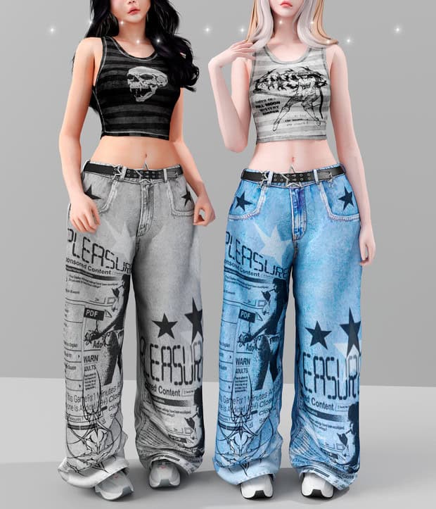 Bold graphic crop top and wide-leg jeans with streetwear-inspired print, perfect for modern casual fashion and street style outfits.