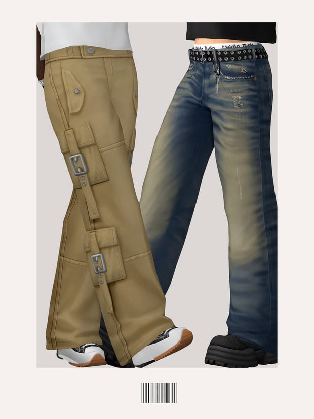 Baggy cargo pants with adjustable straps and distressed denim jeans with trendy belt, streetwear fashion, edgy casual style, modern urban clothing, Must Have Mods collection.