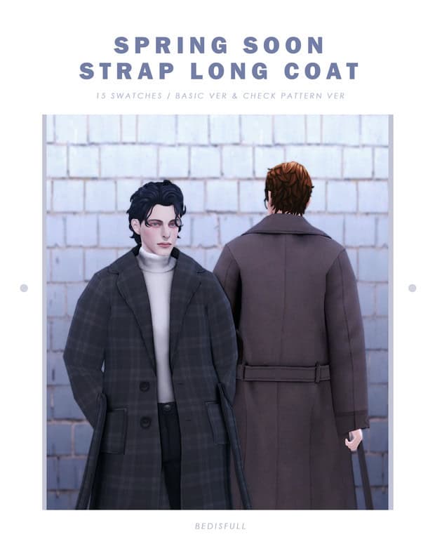 Black-haired mannequin wearing a plaid long coat and white turtleneck against a brick wall background, promotional image for Must Have Mods' Spring So Long Strap Long Coat, ideal for fashion enthusiasts, cosplay, and costume design.