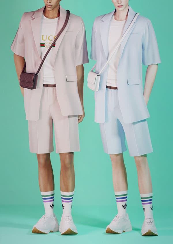 Matching pastel-colored men's streetwear suits with casual accessories for modern fashion; stylish, trendy outfits perfect for summer or casual outings.