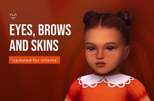 Eyes, brows, and skin customization options for infants in The Sims 4, showcasing detailed character editing features for young children.