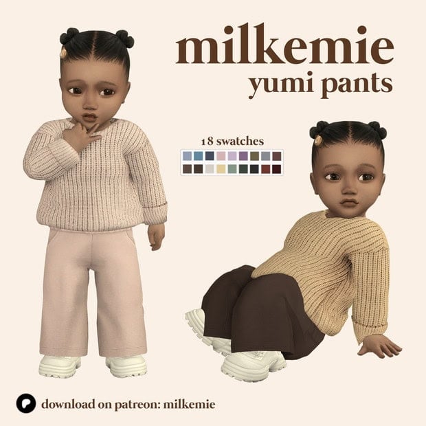 Soft beige baby Yumi pants with chunky knit sweater, perfect for toddler fashion and mods, featuring 18 pastel swatches for custom styling.