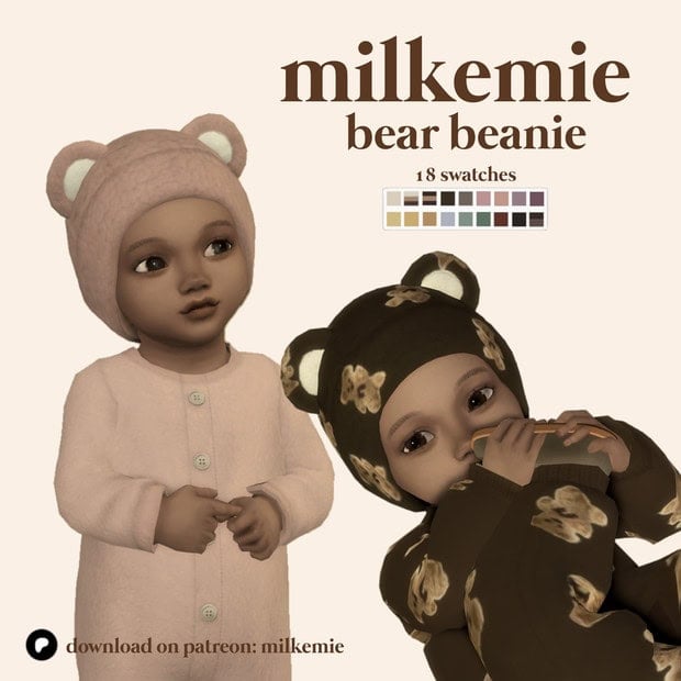 Adorable newborn baby wearing Milkemie bear beanie in soft pink and stylish brown with bear pattern. Perfect cozy winter accessories for dolls or baby-themed decor.