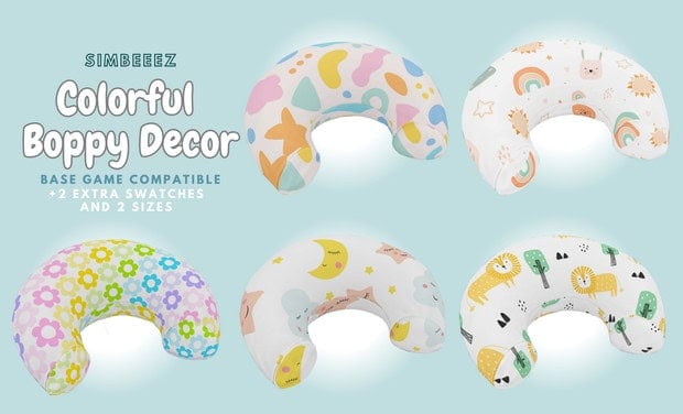 Soft pastel-colored Boppy décor pillows with playful, vibrant patterns perfect for nursery decor and baby comfort. Suitable for base game compatibility, featuring extra swatches and two sizes.