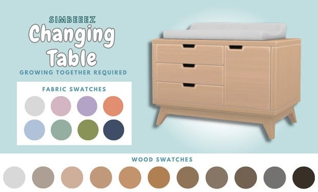 Changing table with modern design and customizable fabric and wood swatches for nursery decor. Perfect for growing families needing versatile baby furniture.
