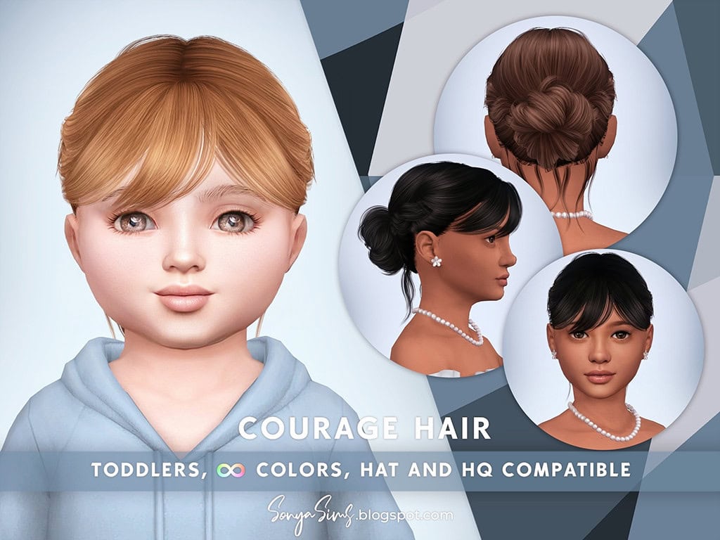 Cute toddler character with realistic courage hair in multiple styles, colors, and compatible with hats and HQ avatars for virtual worlds.