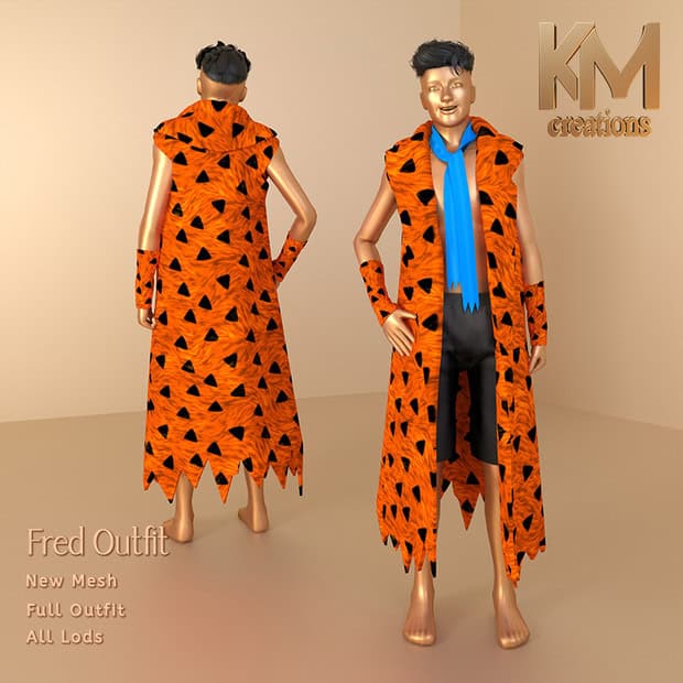 Fred Outfit for The Sims 4 with vibrant orange and black triangle pattern, full-length mesh, suitable for all lods, inspired by The Flintstones cartoon. Enhance your Sims' prehistoric fashion style.