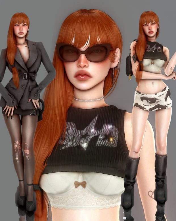 Red-haired female avatar wearing sunglasses and fashion-forward outfits, showcasing stylish virtual fashion mods for avatar customization.