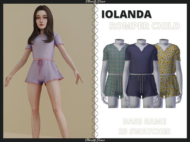 Cute animated doll wearing the Iolanda romper child outfit in The Sims 4, showcasing custom clothing mod content for virtual fashion style enhancement.