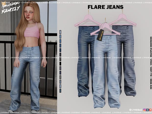 Flared jeans, trendy denim pants, casual fashion, women's jeans, must-have mod style, stylish denim, fashionable jeans, modern casual wear, youth fashion, denim clothing set.