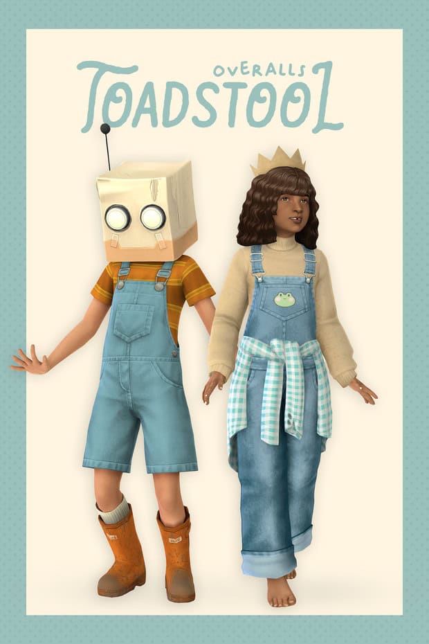 Colorful Toadstool Overalls for Kids with Fun and Playful Vintage Style, Perfect for Creative Costumes and Unique Dress-up Looks.